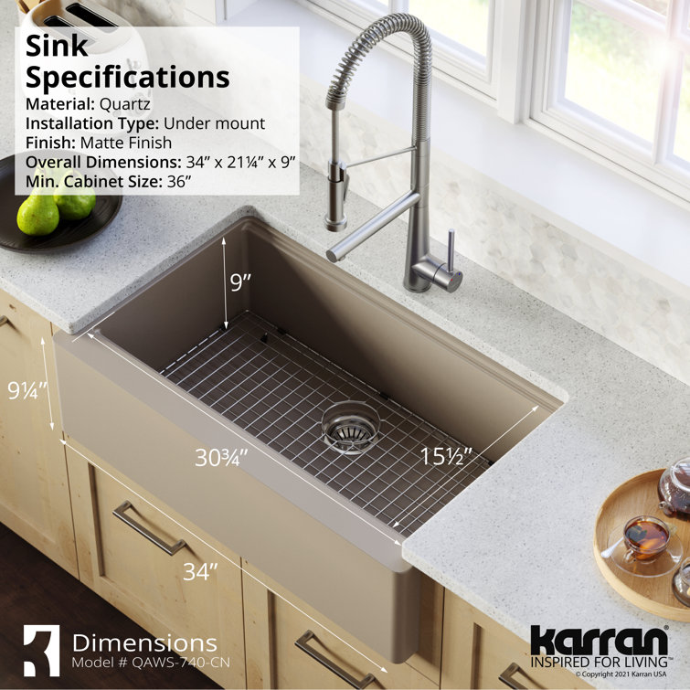 Concrete Quartz 34'' Single Bowl Farmhouse Workstation Sink