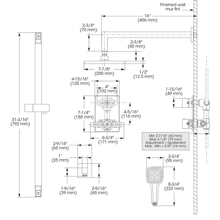 Polished Chrome Square Rain Shower System with Handheld