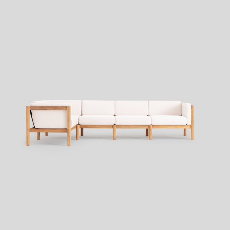 Five Piece Teak and Canvas Outdoor Sectional with Cushion Arms