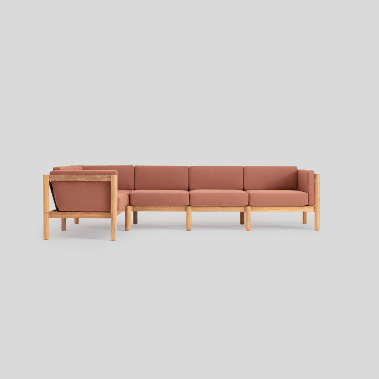 Five Piece Teak Outdoor Sectional with Rust Sunbrella Cushions