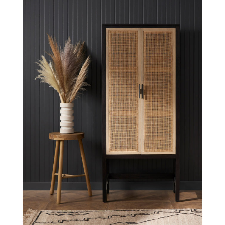 Natural Mango Solid Wood Storage Cabinet with Woven Cane Doors