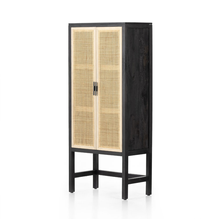 Natural Mango Solid Wood Storage Cabinet with Woven Cane Doors