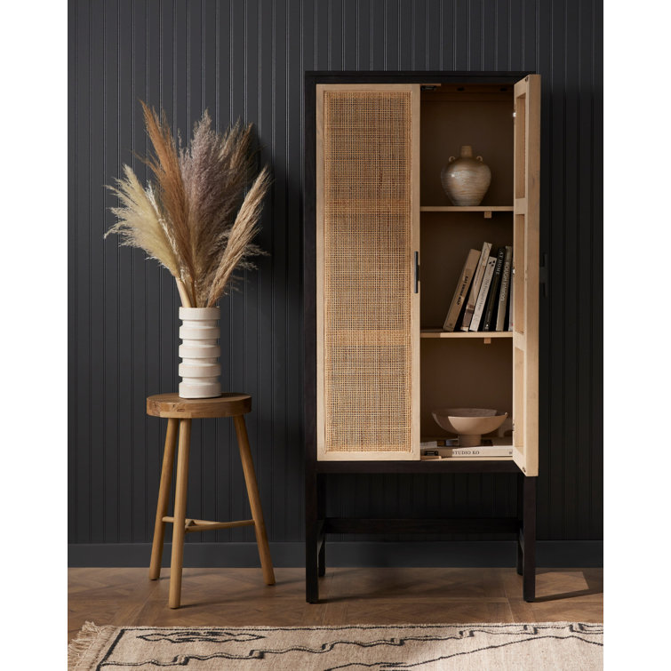 Natural Mango Solid Wood Storage Cabinet with Woven Cane Doors