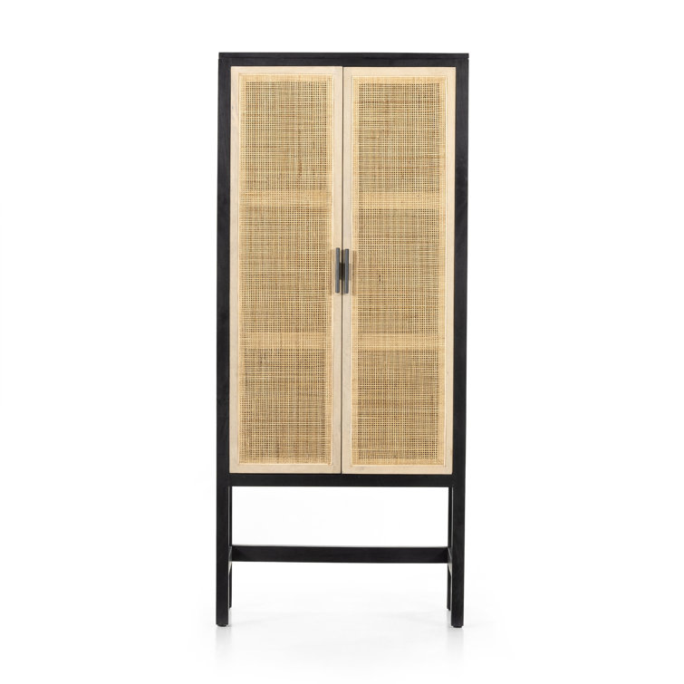 Natural Mango Solid Wood Storage Cabinet with Woven Cane Doors