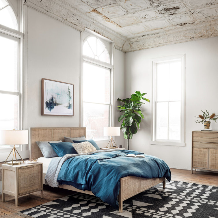 King-Sized Contemporary Brown Mango Wood & Cane Panel Bed