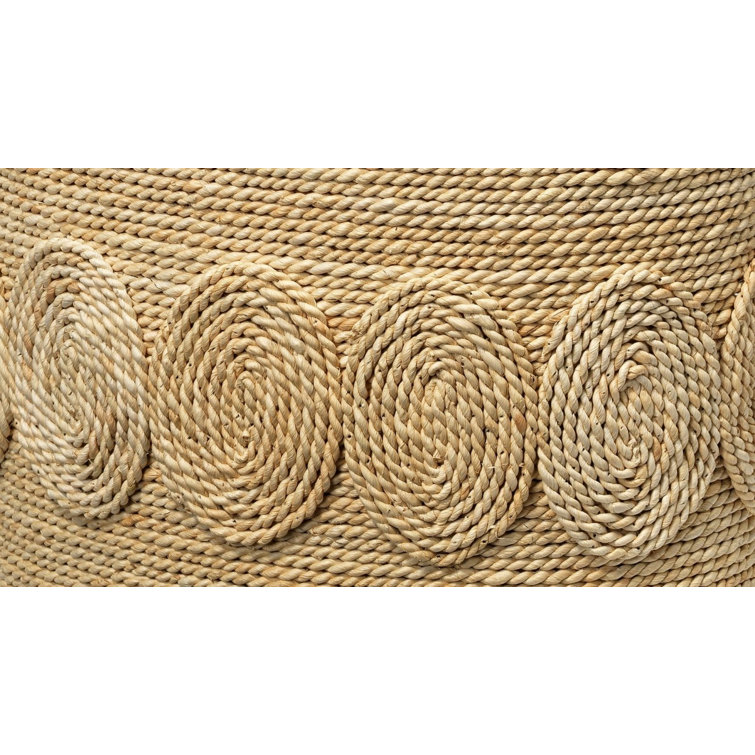 Hand-Woven Corn Straw Round Side Table with Glass Top