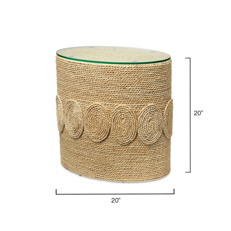 Hand-Woven Corn Straw Round Side Table with Glass Top