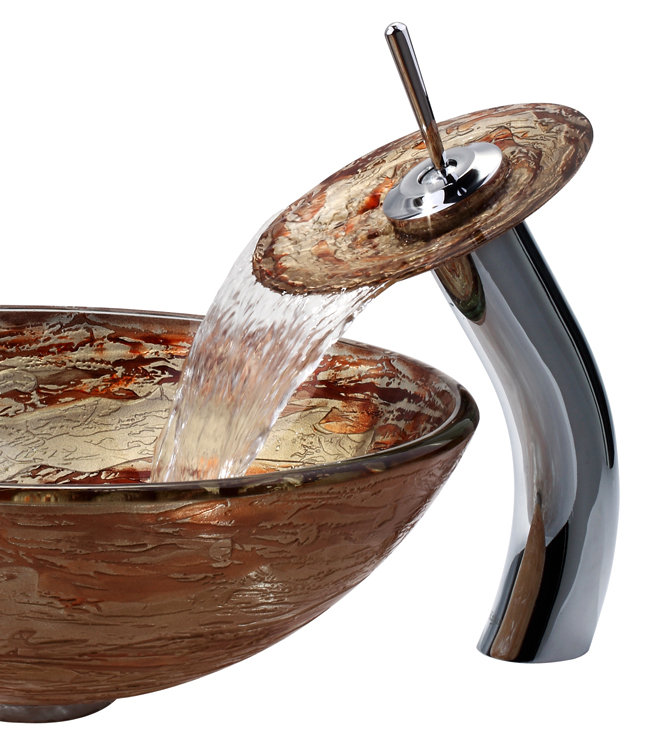 Copper and Gold Glass Round Vessel Sink with Chrome Waterfall Faucet