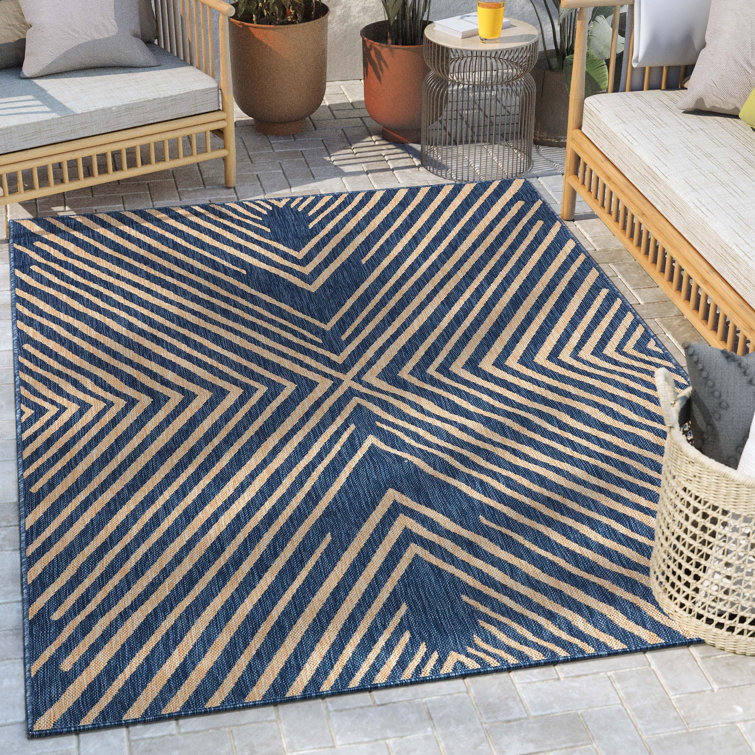 Reversible Striped Synthetic 5' x 7' Blue Outdoor Rug