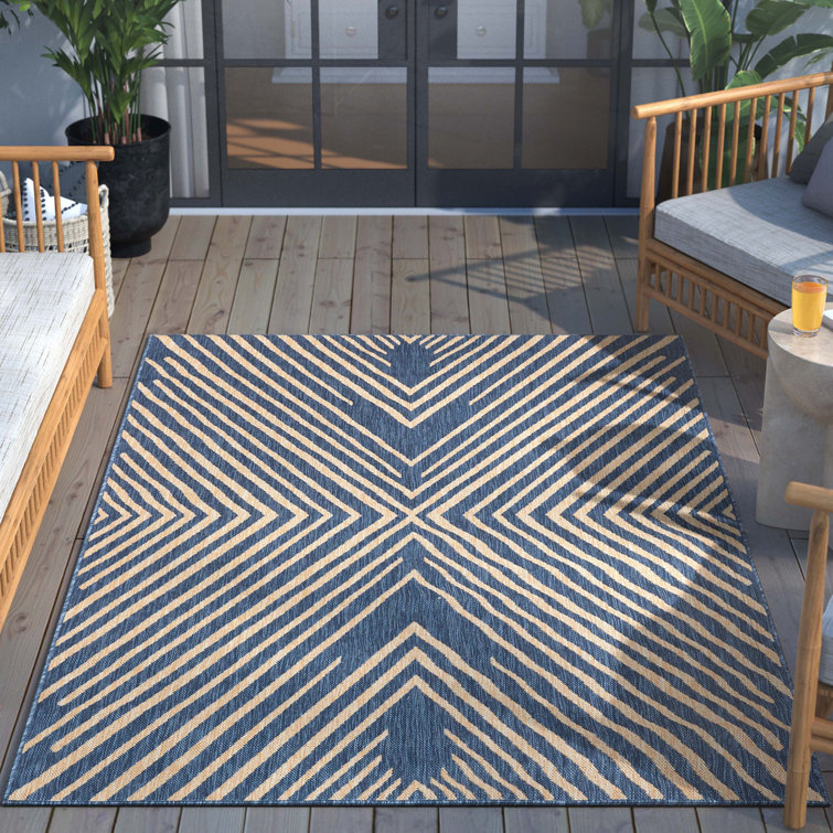 Reversible Striped Synthetic 5' x 7' Blue Outdoor Rug