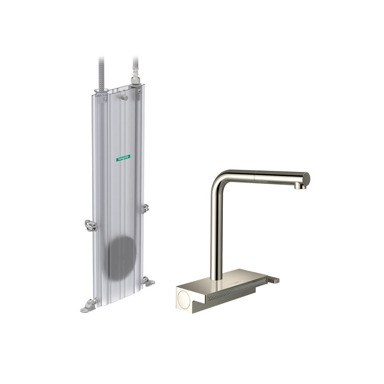 Polished Nickel L-Shape Kitchen Faucet with Pull-Out Spray