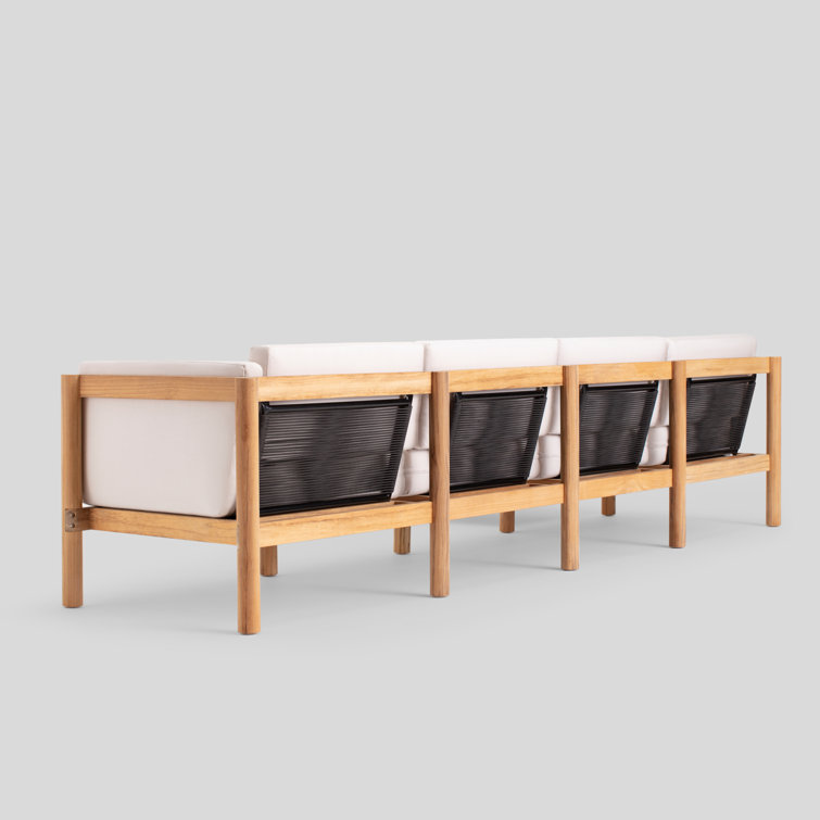 Five Piece Teak and Canvas Outdoor Sectional with Cushion Arms