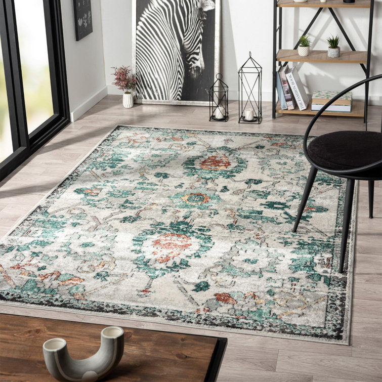 Green Floral Distressed 8' x 10' Synthetic Area Rug