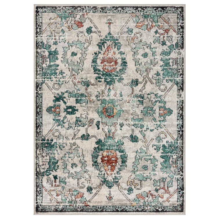 Green Floral Distressed 8' x 10' Synthetic Area Rug