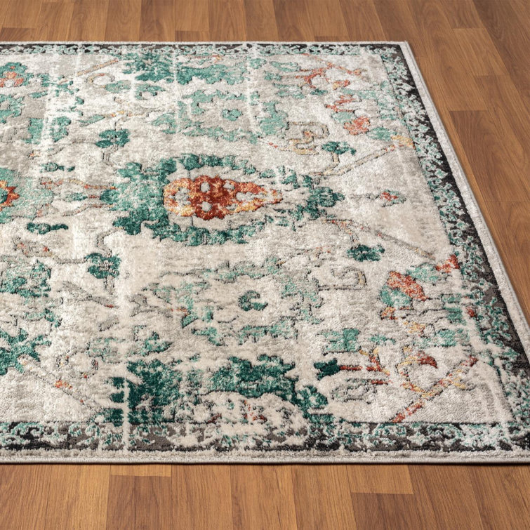Green Floral Distressed 8' x 10' Synthetic Area Rug