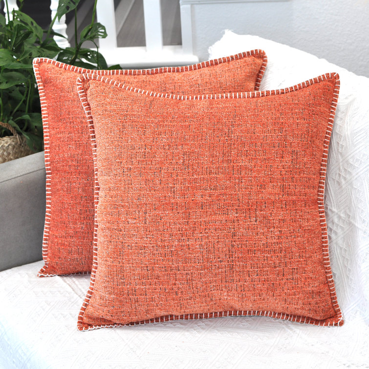 18x18 Orange Chenille Square Throw Pillow Covers Set with Piped Edges