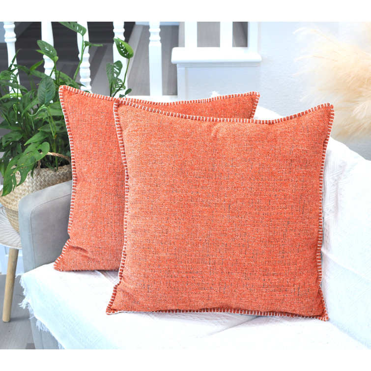 24x24 Orange Chenille Throw Pillow Covers Set of 2 with Piped Edges