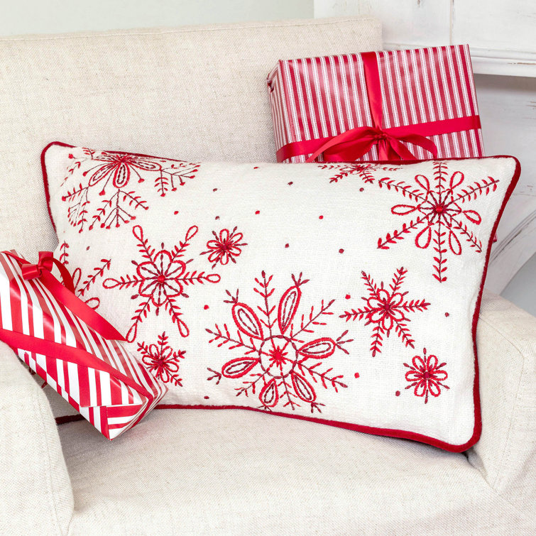 22" Red and White Embroidered Cotton Snowflake Pillow