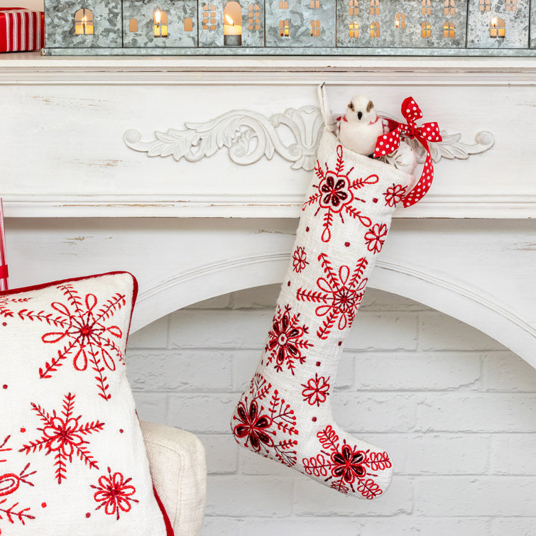 White and Red Cotton Embroidered Snowflake Stocking