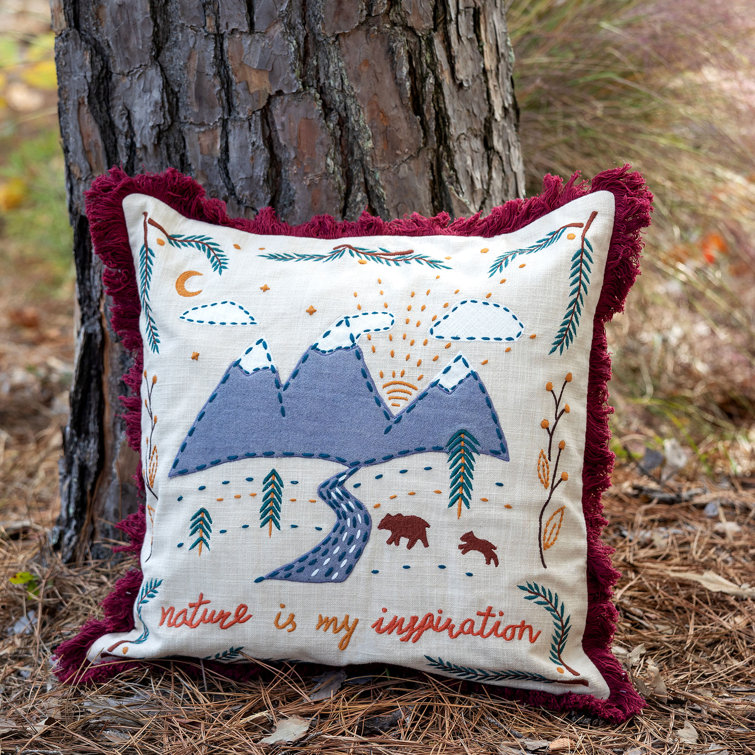 Nature Inspired Appliqued Cotton Pillow with Burgundy Fringe