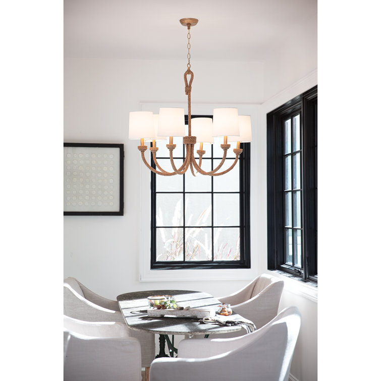 Natural Linen and Brass 6-Light Drum Chandelier