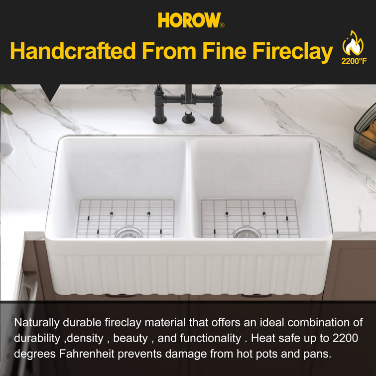 Hadley 33" White Fireclay Double Basin Farmhouse Kitchen Sink