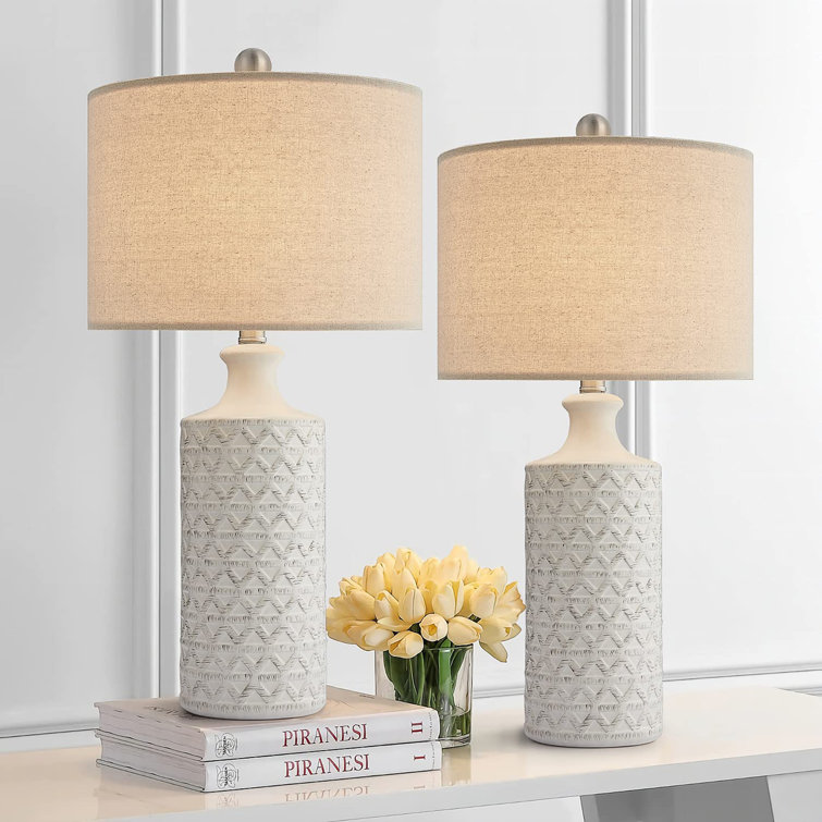 24.75'' White Ceramic Table Lamp Set with Beige Drum Shade