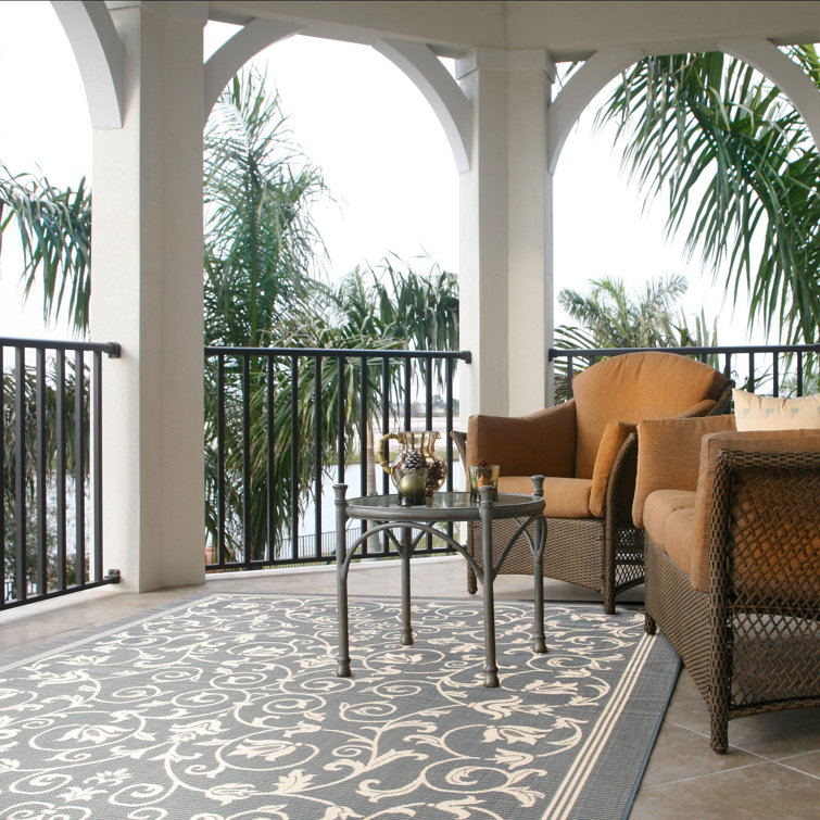 Gray Rectangular Baroque Print Synthetic Outdoor Area Rug