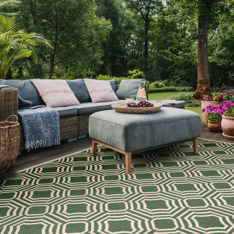 Courtyard Dark Green & Beige 8' x 11' Synthetic Indoor/Outdoor Rug