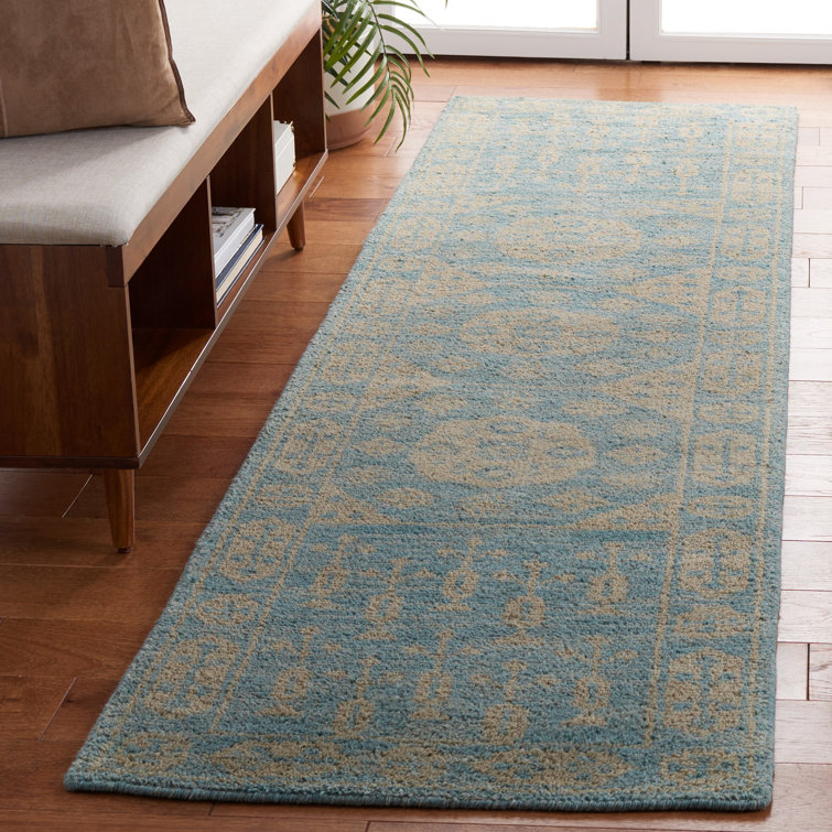 Kenya Hand-Knotted Blue Wool Geometric Runner Rug