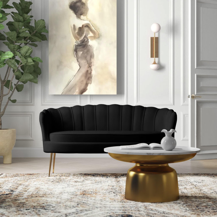 Elegant Shell-Back 60'' Black Velvet Tufted Loveseat with Gold Chrome Legs
