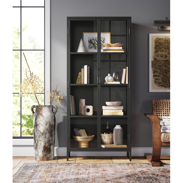 Sleek Black Metal and Glass Minimalist Curio Cabinet