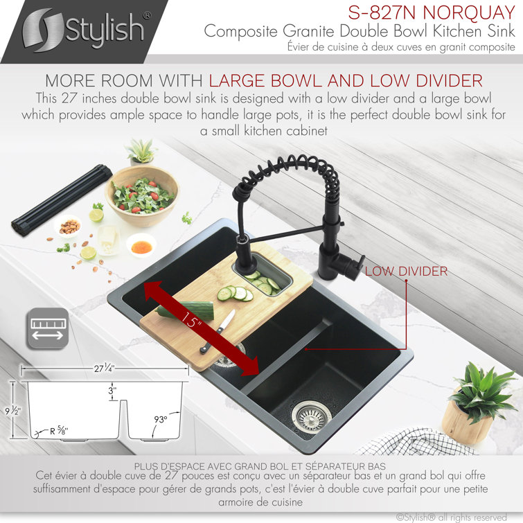 Black Composite Granite 27-Inch Double Bowl Kitchen Sink