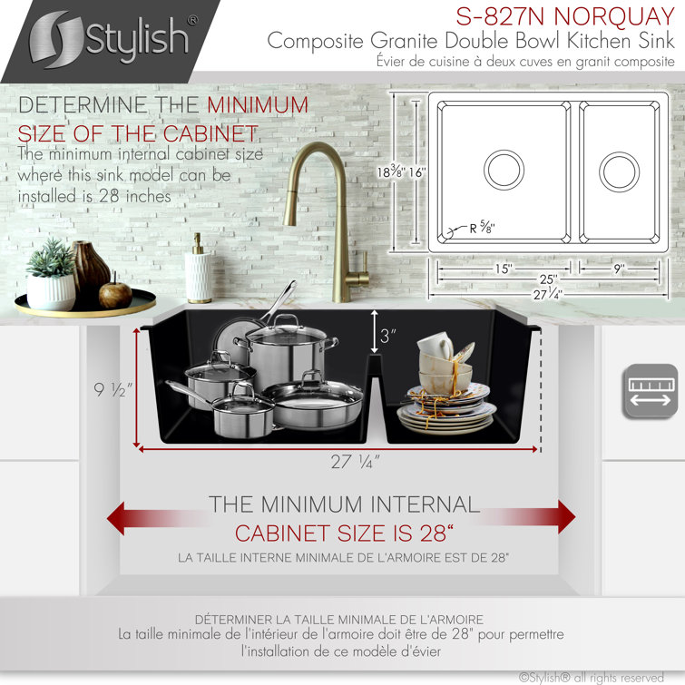 Black Composite Granite 27-Inch Double Bowl Kitchen Sink