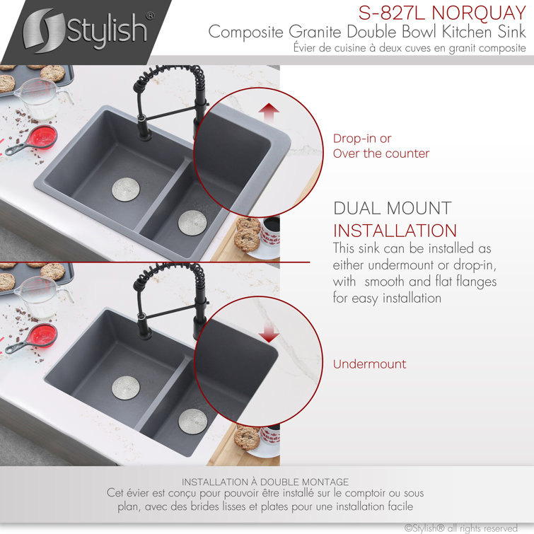 Gray 27" Dual Mount Composite Granite Double Bowl Kitchen Sink