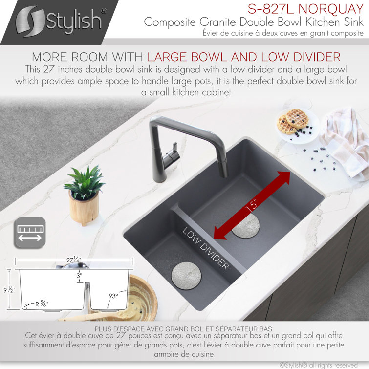 Gray 27" Dual Mount Composite Granite Double Bowl Kitchen Sink