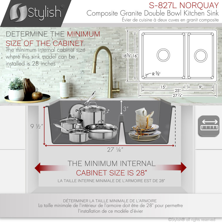 Gray 27" Dual Mount Composite Granite Double Bowl Kitchen Sink