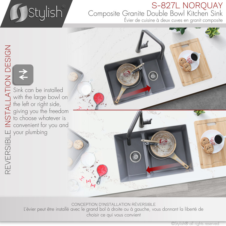 Gray 27" Dual Mount Composite Granite Double Bowl Kitchen Sink