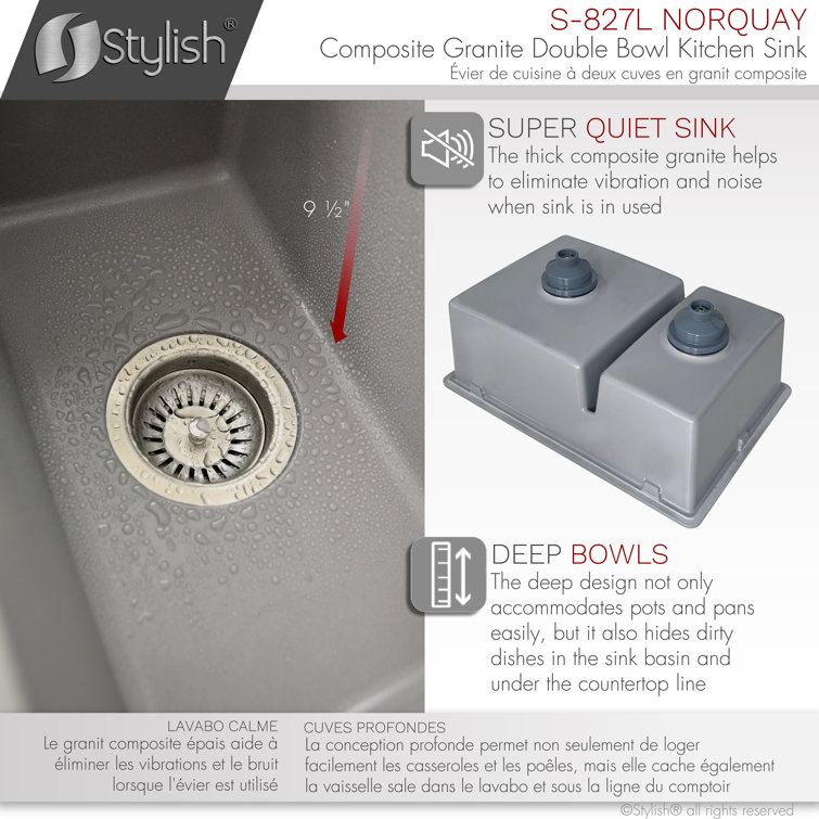 Gray 27" Dual Mount Composite Granite Double Bowl Kitchen Sink