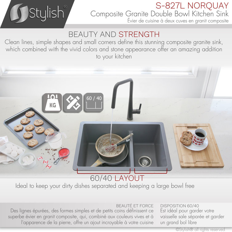 Gray 27" Dual Mount Composite Granite Double Bowl Kitchen Sink