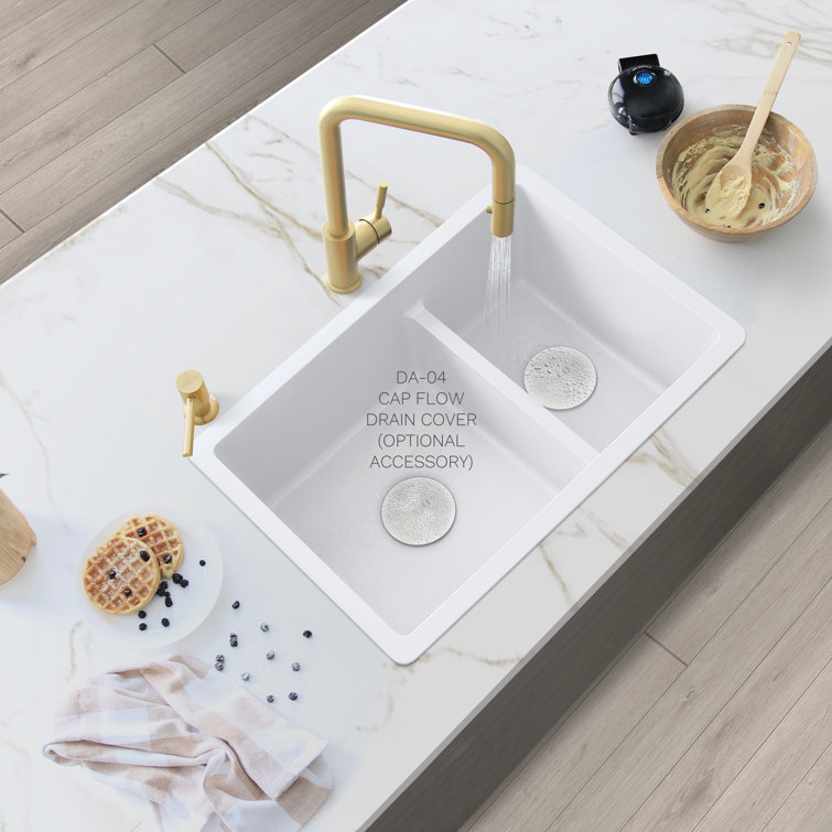 White Dual Mount Composite Granite Double Bowl Kitchen Sink