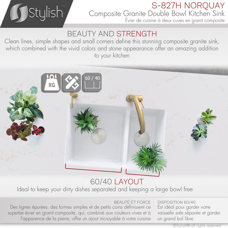 White Dual Mount Composite Granite Double Bowl Kitchen Sink