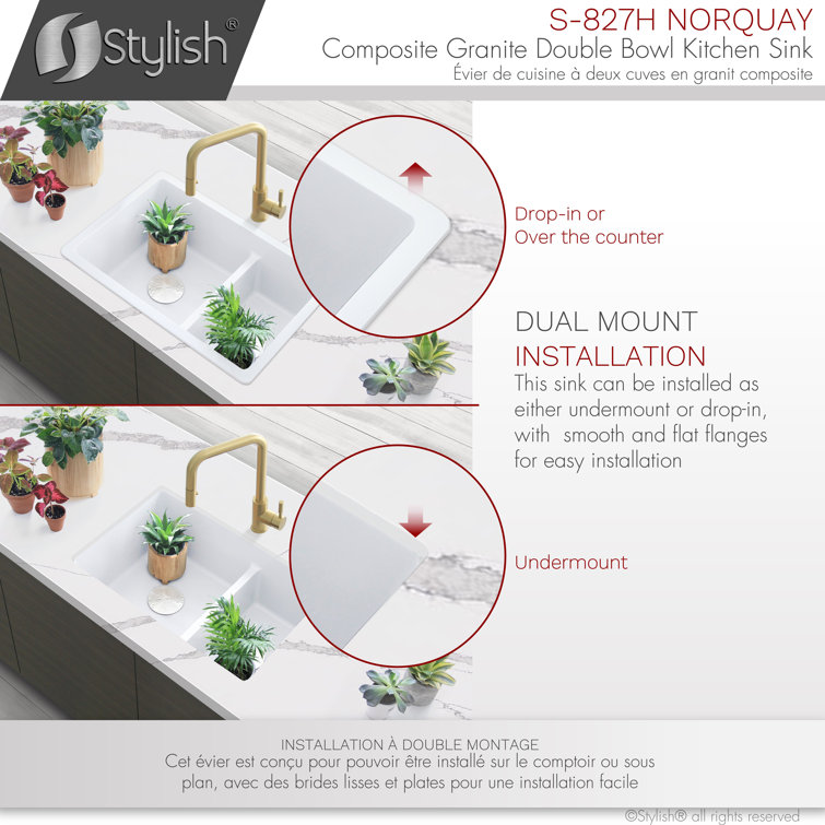 White Dual Mount Composite Granite Double Bowl Kitchen Sink
