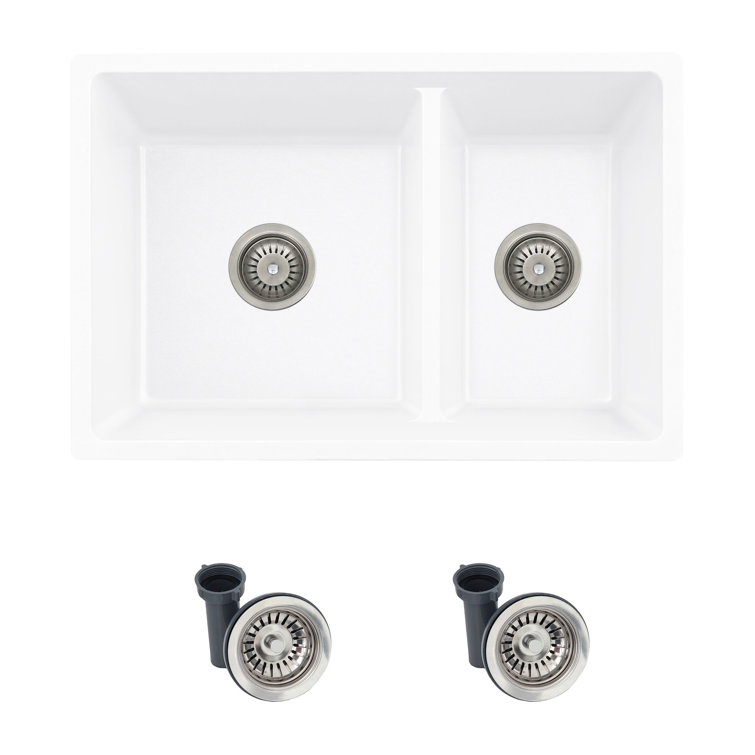 White Dual Mount Composite Granite Double Bowl Kitchen Sink