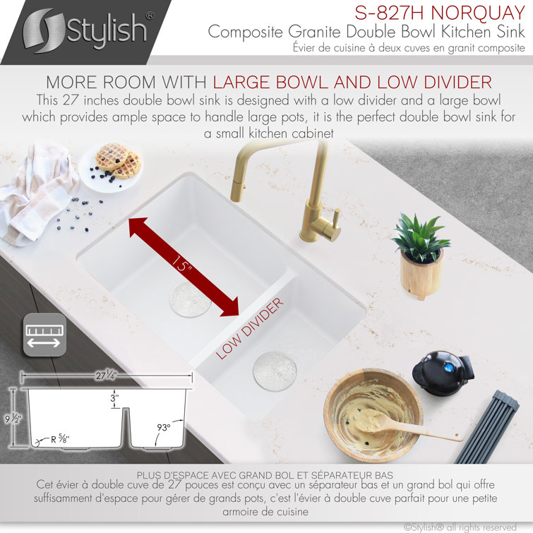 White Dual Mount Composite Granite Double Bowl Kitchen Sink