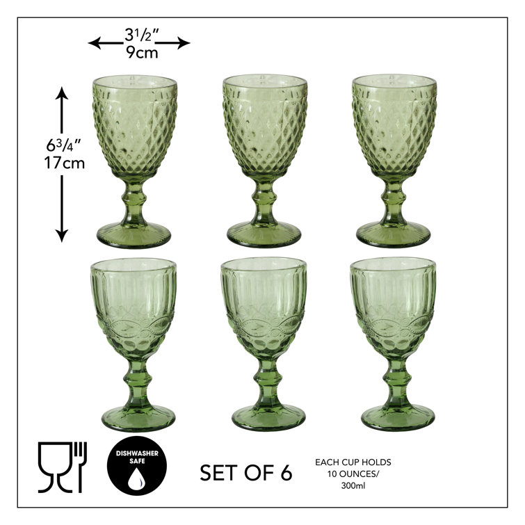 Green 10oz Vintage Patterned Glass Goblet Set