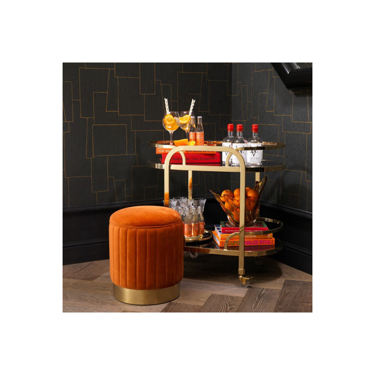 Gold Finish Oval Bar Cart with Black Glass Shelves