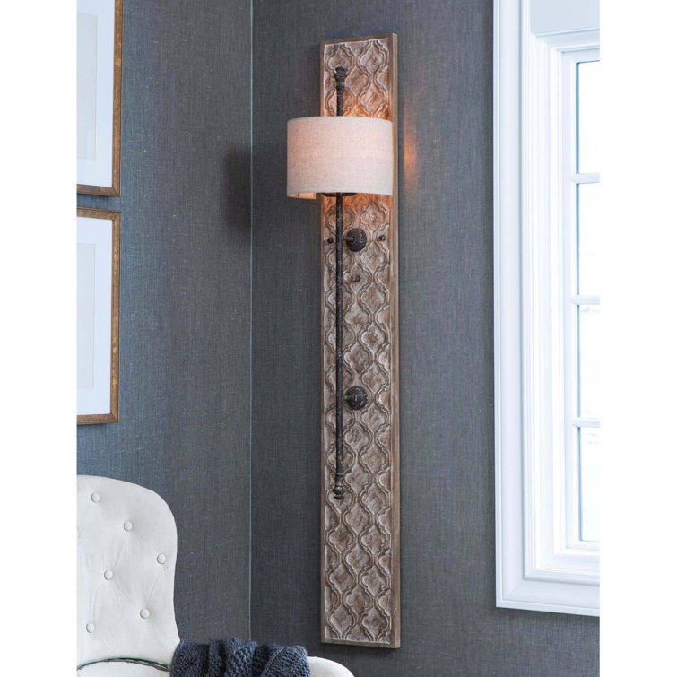Distressed Gold Dual-Light Linen Shade Carved Sconce