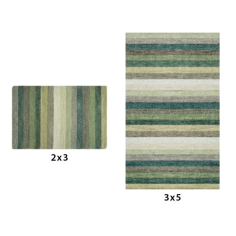 Handmade Green Striped Wool and Synthetic Rug 2' x 3'