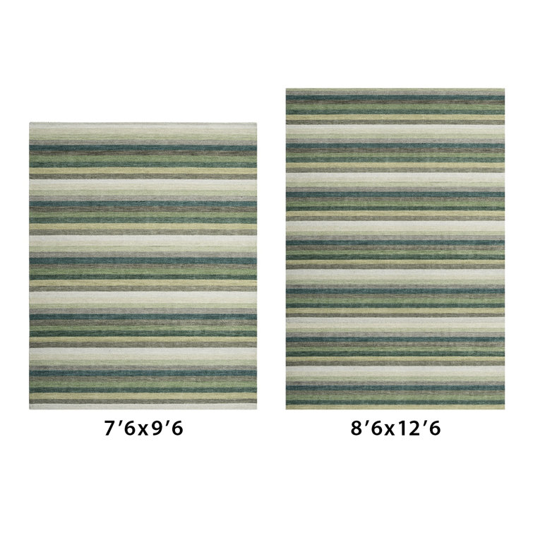 Handmade Green and Beige Wool Striped Rectangular Rug